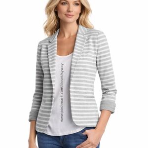 Skies Are Blue Asa Striped Ponte Blazer - Gray and White - Medium